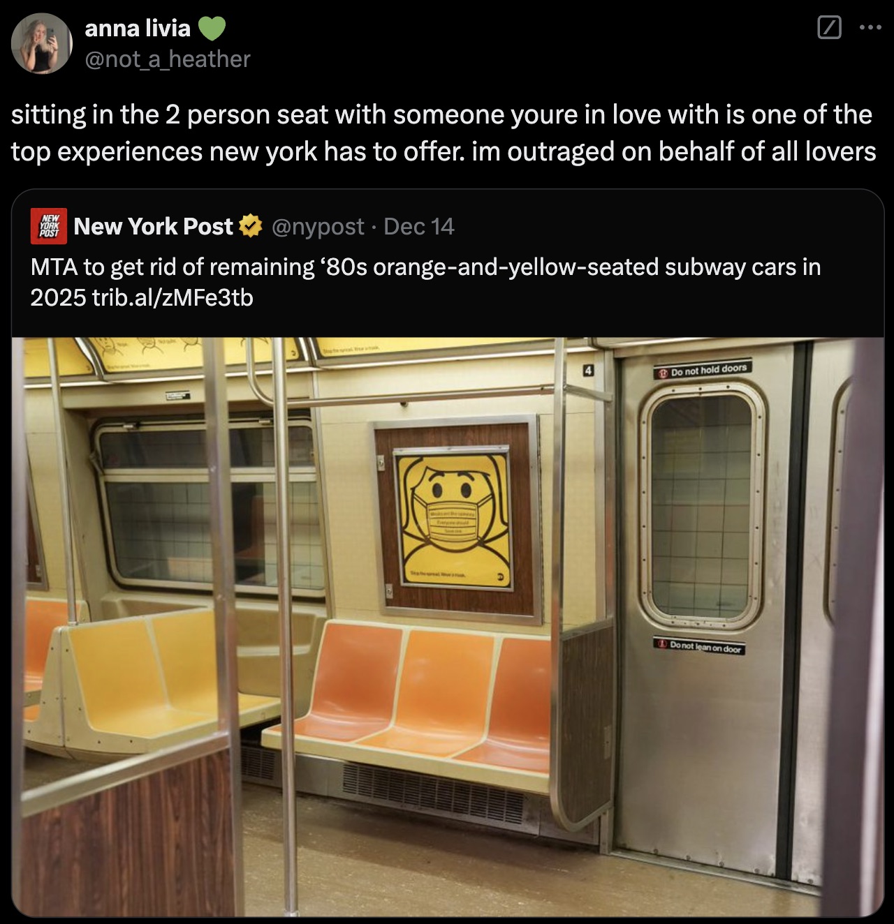 MTA New York City Transit - anna livia sitting in the 2 person seat with someone youre in love with is one of the top experiences new york has to offer. im outraged on behalf of all lovers New York Post New York Post Dec 14 .> Mta to get rid of remaining 